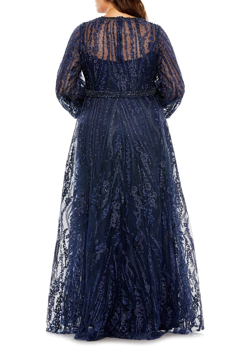 V-Neck Puff Sleeve Embroidered A Line Gown, Alternate, color, MIDNIGHT