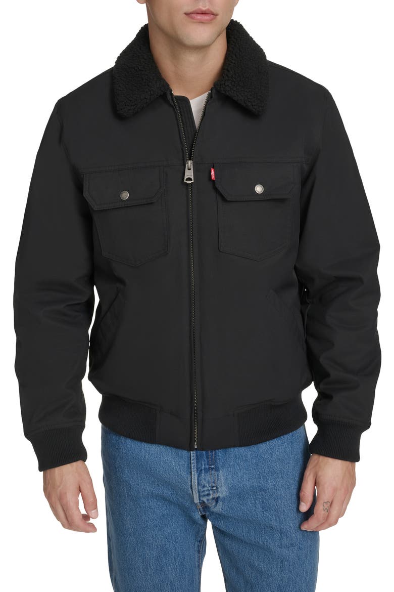 Water Resistant Faux Shearling Collar Canvas Bomber Jacket, Main, color, BLACK