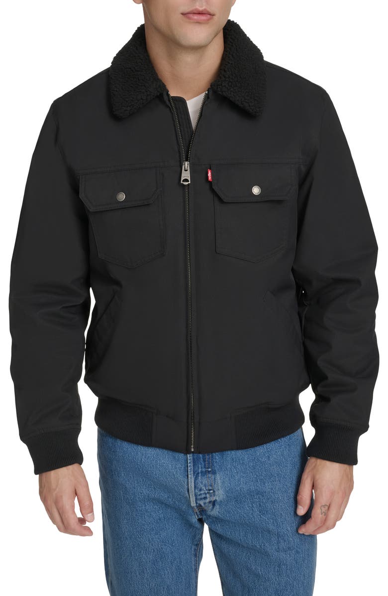 Levi's Water Resistant Faux Shearling Collar Canvas Bomber Jacket, Main, color, Black