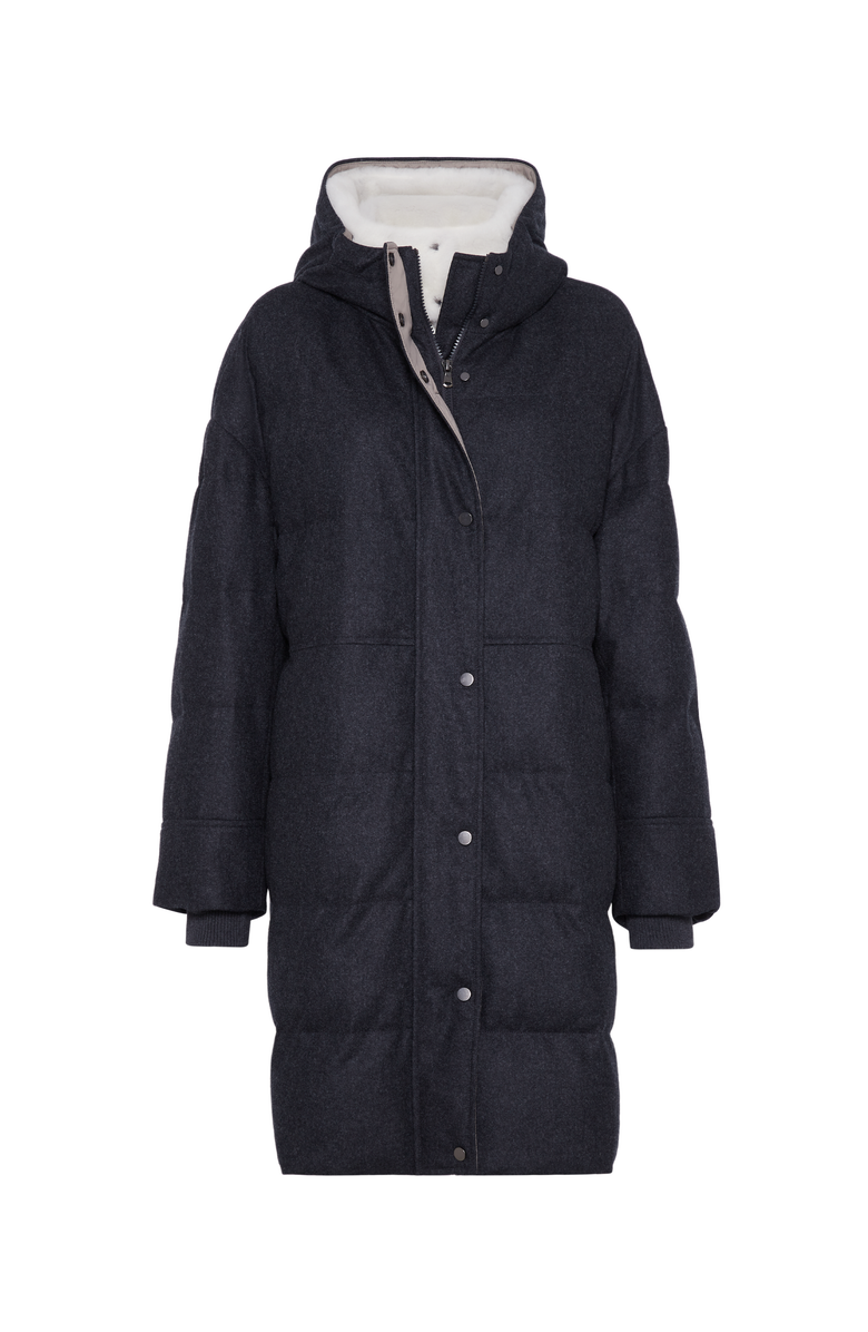 Brunello Cucinelli Virgin wool flannel down parka with detachable shearling insert and shiny zipper pull, Main, color, 