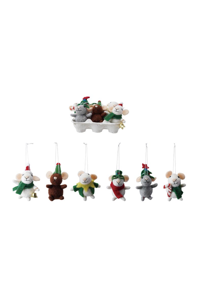 6-Piece Handmade Wool Felt Mice in Holiday Clothes Ornaments in Egg Crate, Main, color, Multicolor