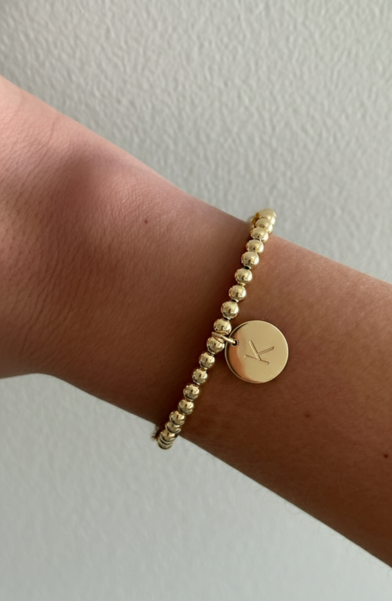 CUFFED BY NANO Classic Initial Coin 14k Gold Filled Bead Bracelet, Alternate, color, Gold K