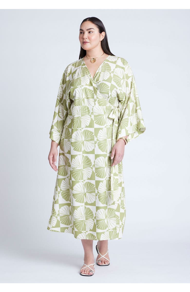 ELOQUII Kimono Sleeve Maxi Wrap Dress, Main, color, Ginko Grid