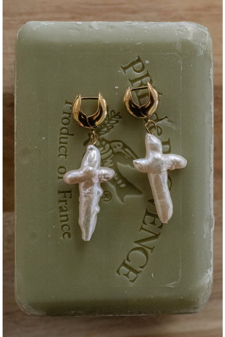 Colette Cross Earrings, Alternate, color, Huggie / Gold