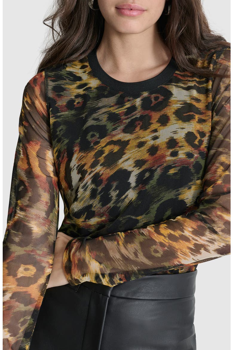 Print Long Sleeve Mesh Top, Alternate, color, ORANGE LEOPARD