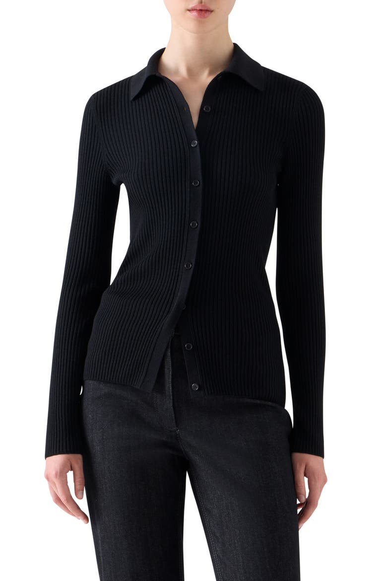 Fitted Virgin Merino Wool Rib Cardigan, Main, color, BLACK