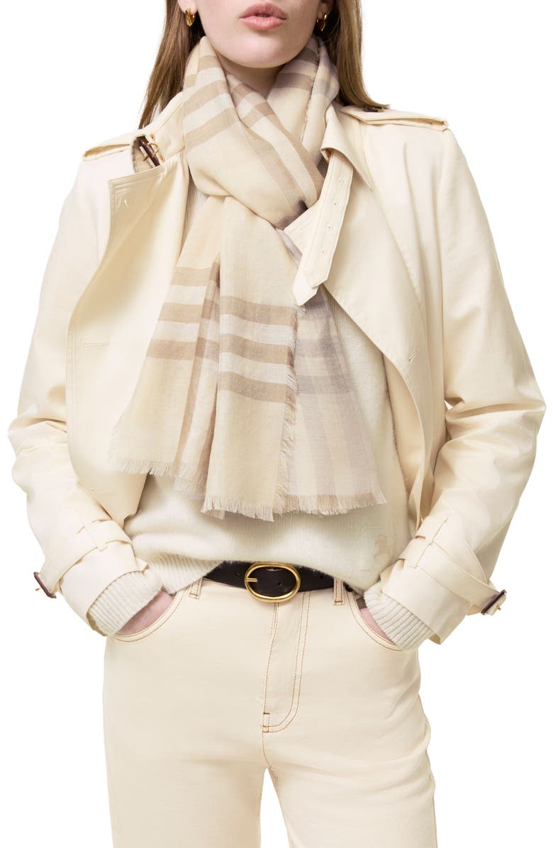 Burberry Medium Check Wool Scarf, Alternate, color, Sesame Beige Check