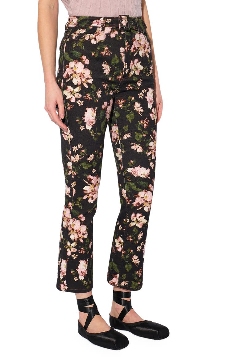 Vina Margot Posy Print Belted Flare Jeans, Main, color, BLACK / PINK