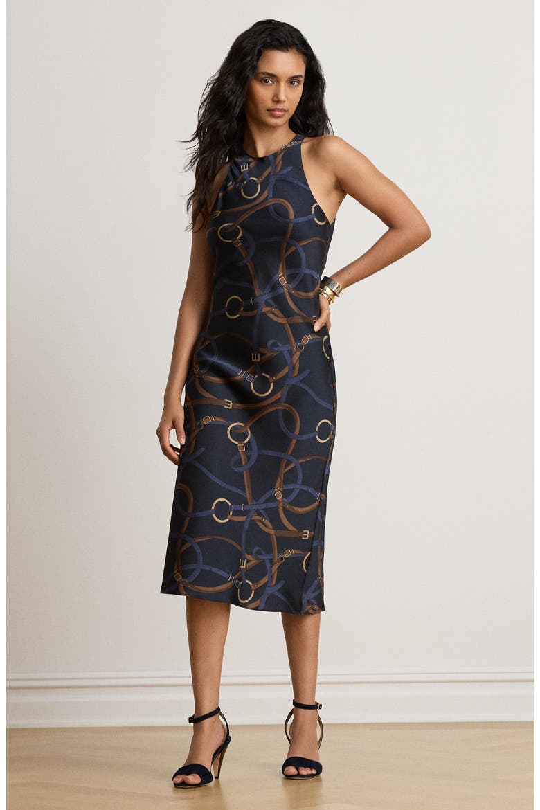 Belting Print Sleeveless Twill Midi Dress, Alternate, color, NAVY BLUE/ MULTI