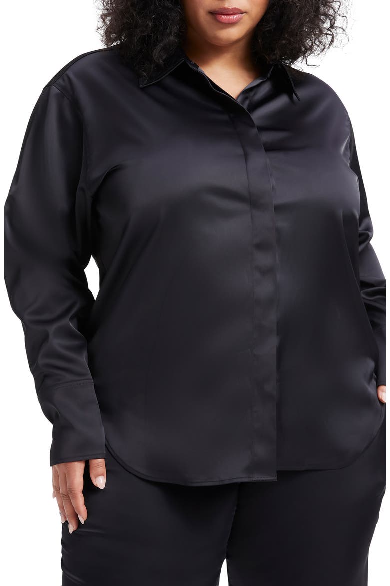 Stretch Satin Button-Up Shirt, Alternate, color, BLACK001