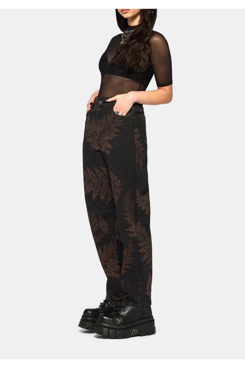 Ruin Fern Printed Barrel Leg Denim Jeans, Alternate, color, Black