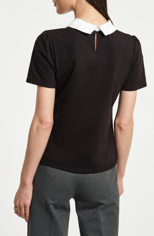 Isaac Mizrahi New York Satin Trim Peter Pan Collar Stretch Cotton T-shirt In Black