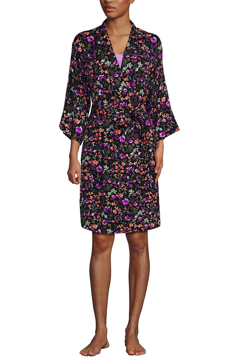 Lands' End Matte Satin 2 Piece Pajama Set - Nightgown and Robe, Alternate, color, Black Large Watercolor Floral