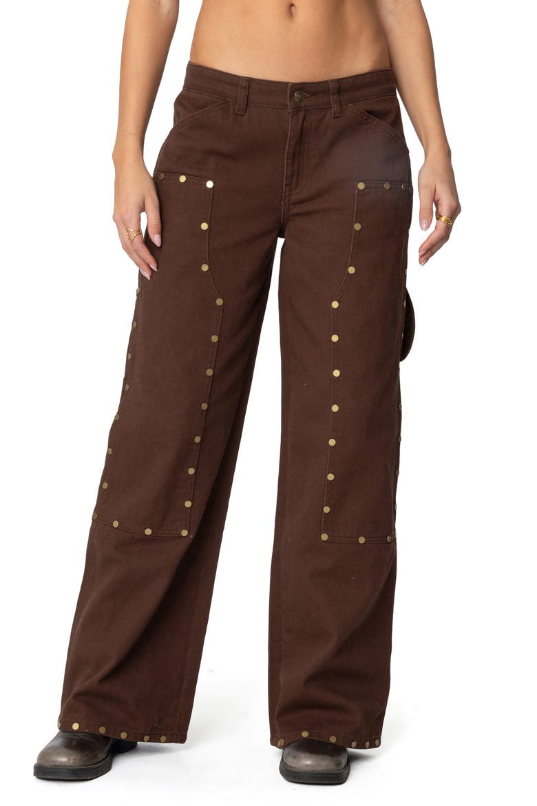Studded Low Rise Carpenter Jeans, Main, color, BROWN
