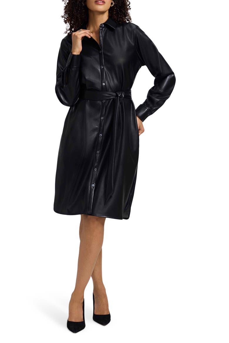 Rocca Long Sleeve Faux Leather Shirtdress, Main, color, BLACK