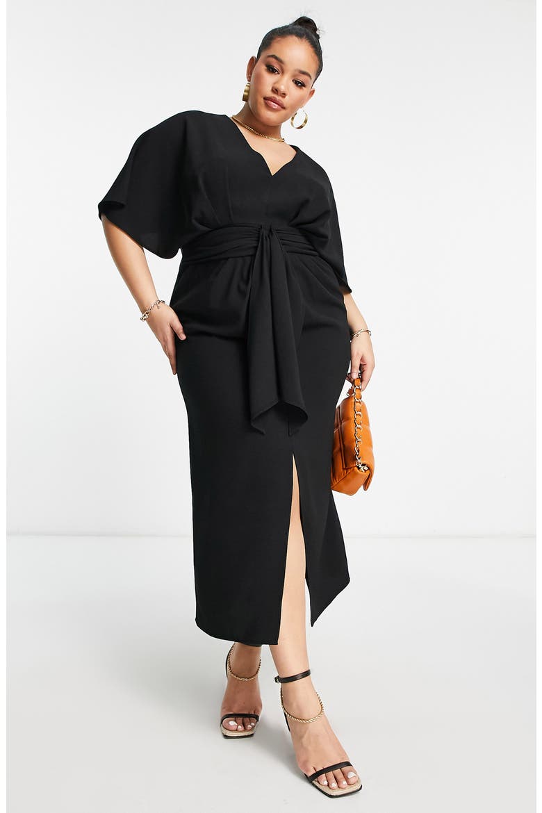 Curve Tie Waist Crepe Midi Dress, Alternate, color, BLACK