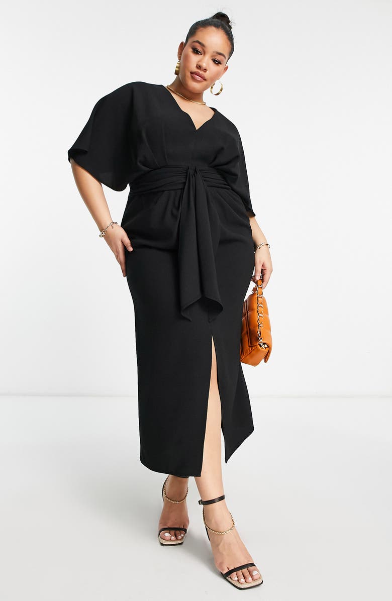 ASOS DESIGN Curve Tie Waist Crepe Midi Dress, Alternate, color, 