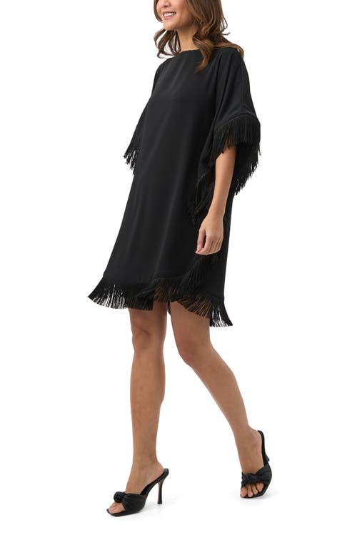 Trina Turk Mini Neena Fringe Trim Caftan Dress In Black