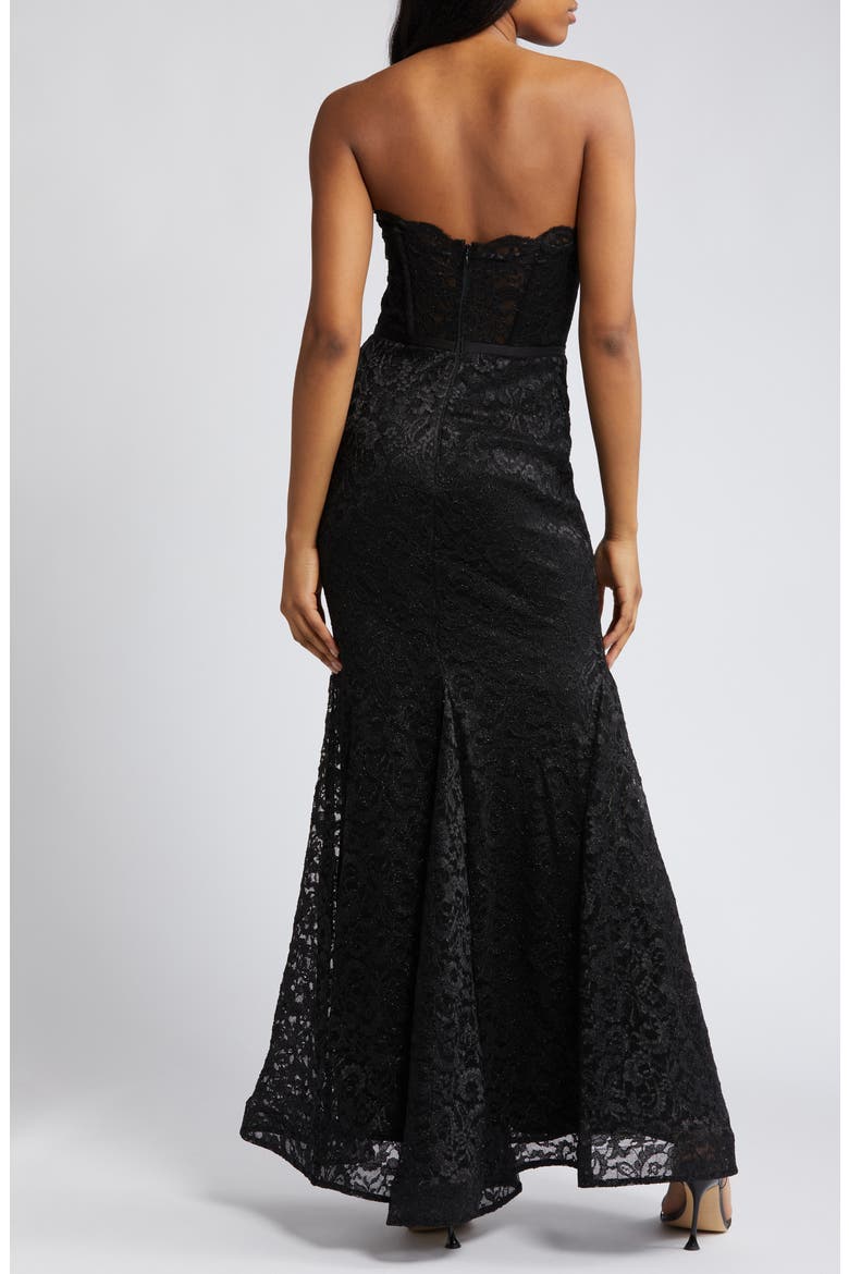 Glitter Lace Strapless Mermaid Gown, Alternate, color, BLACK
