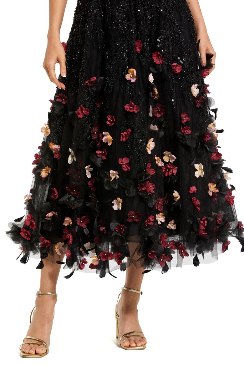 Sleeveless Beaded Midi Dress With 3D Flowers, Alternate, color, Black Multi