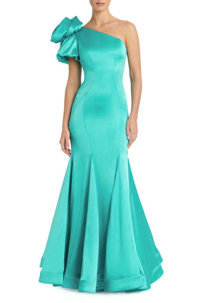Satin Mermaid Dramatic Rosette One Shoulder Gown, Main, color, Teal