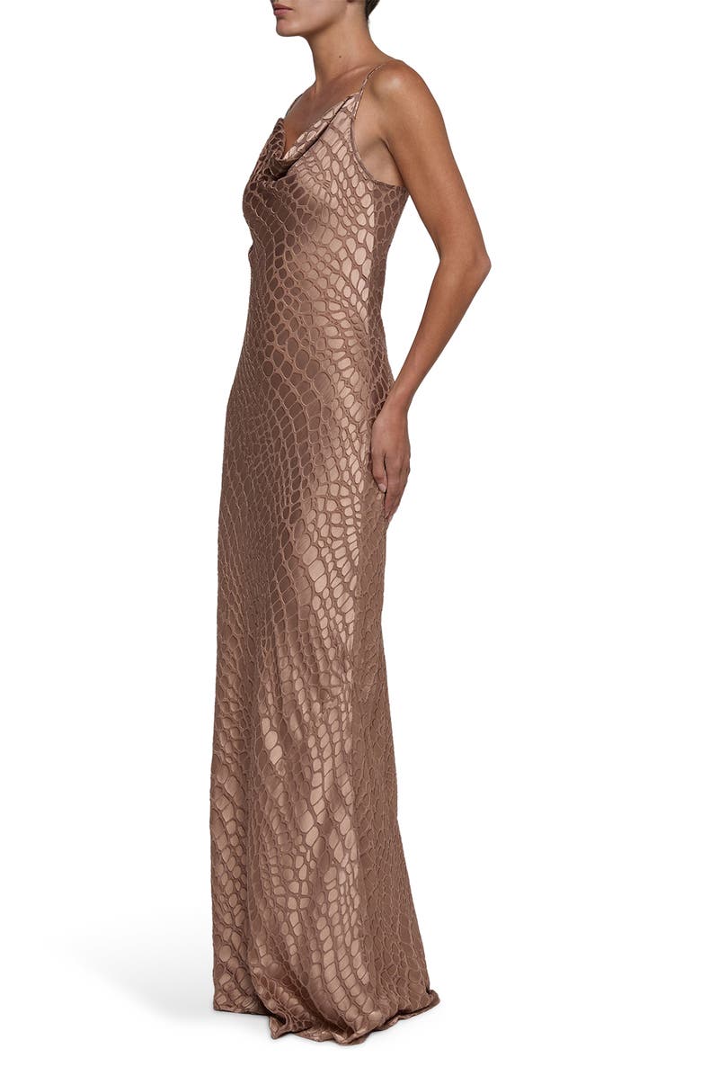 L'AGENCE Christine Cowl Neck Burnout Satin Gown, Alternate, color, Hazelnut Cobra Geo Burnout
