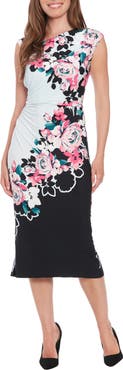 London Times Floral Ruched Cap Sleeve Midi Dress