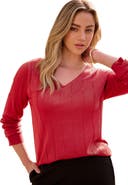 Roaman's Plus Size Drop Needle V Neck Lightweight Sweater Knit