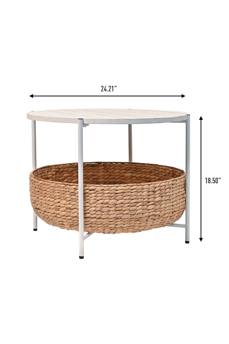 Carly 24.21" Modern Coastal Round Acacia Wood/Water Hyacinth Coffee Table with Storage Basket, Alternate, color, White