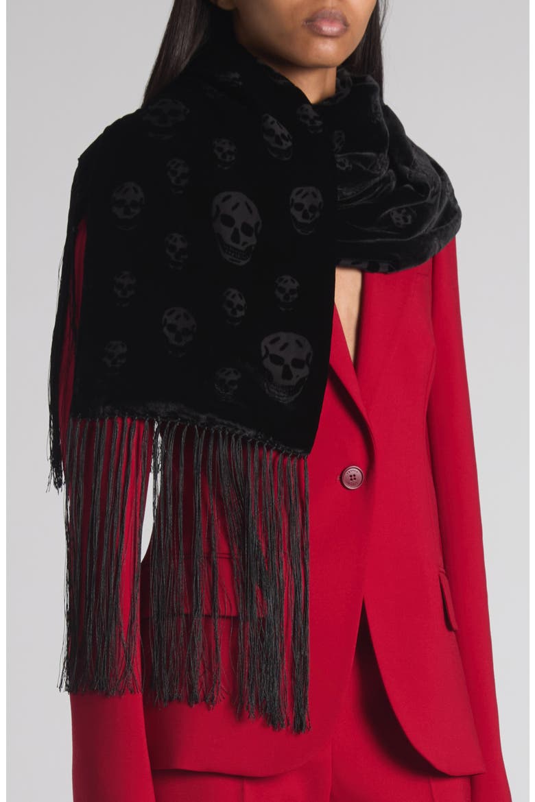 Skull Jacquard Wool & Silk Fringe Scarf, Alternate, color, BLACK/ MEDIUM GREY