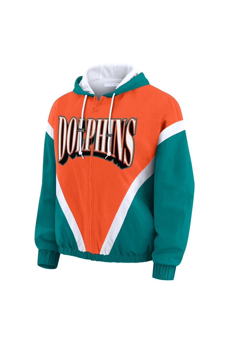 Women's WEAR by Erin Andrews Orange/Aqua Miami Dolphins Retro Crinkle Full-Zip Hoodie Windbreaker, Alternate, color, Orange