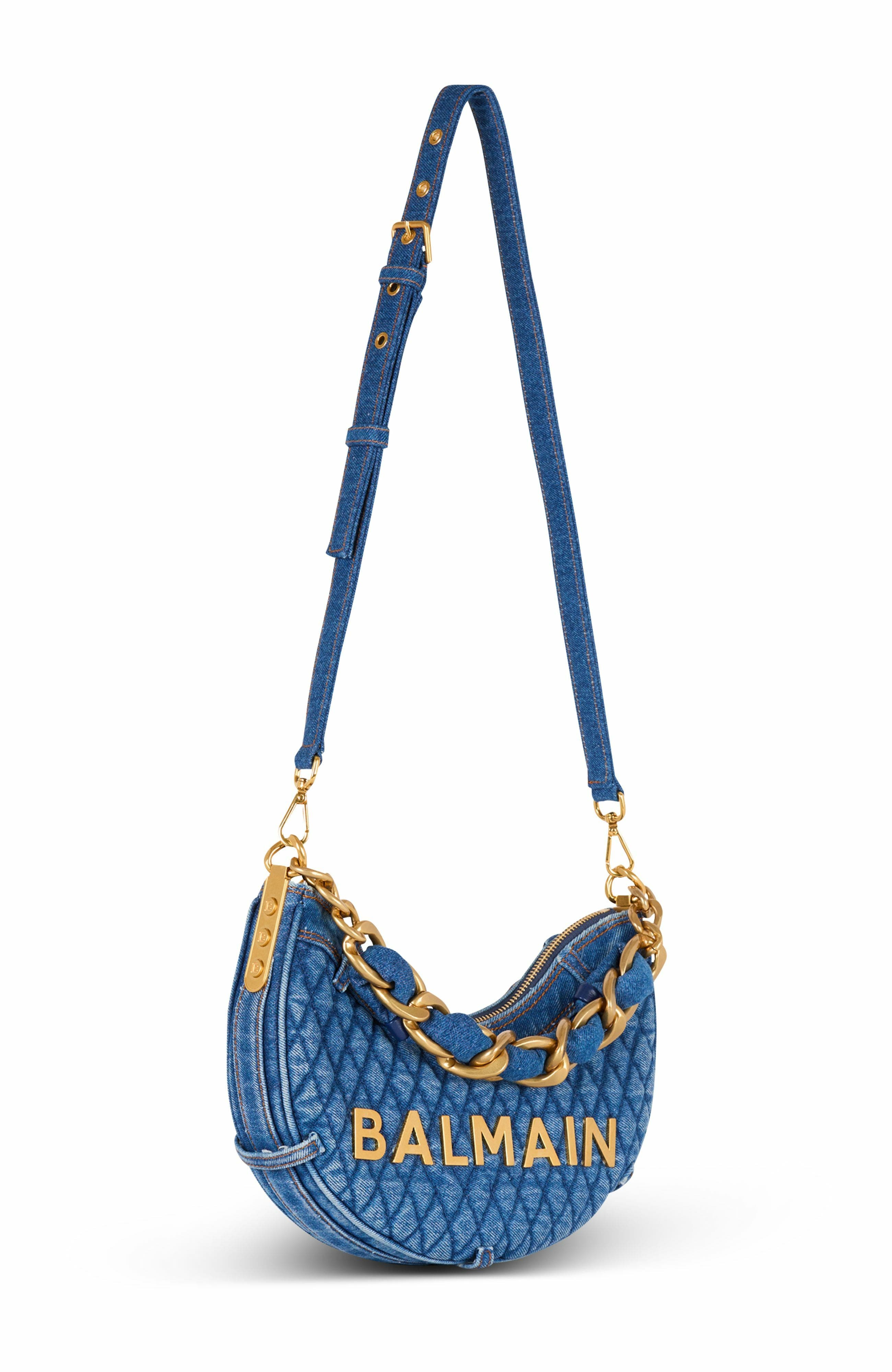 Balmain 1945 Soft Moon Bag In Diamond-Quilted Denim, Alternate, color, 