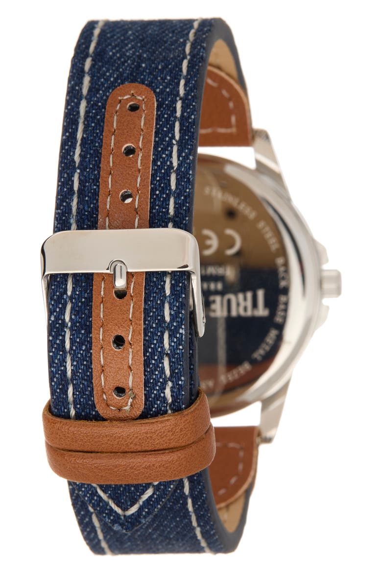 Buddha Denim & Faux Leather Strap Watch, 43.1mnm & Assorted Bracelets Set, Alternate, color, SILVER