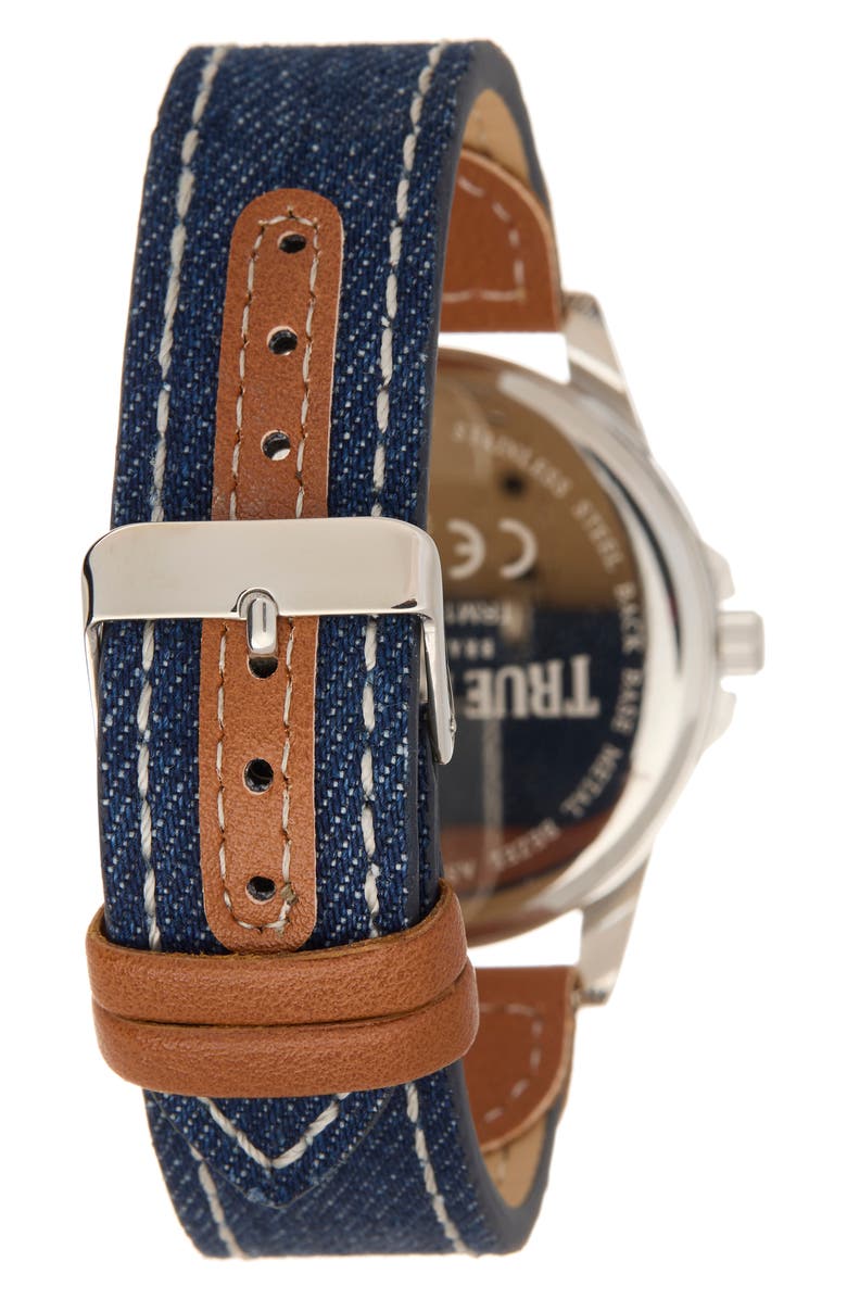 True Religion Buddha Denim & Faux Leather Strap Watch, 43.1mnm & Assorted Bracelets Set, Alternate, color, Silver