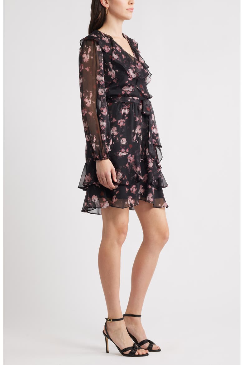 chelsea28 floral long sleeve chiffon dress Floral Ruffle Trim Long Sleeve Chiffon Minidress (Women)
