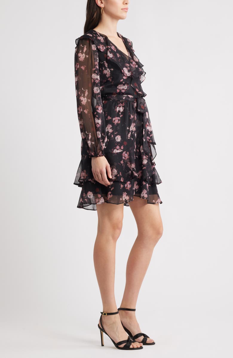 Chelsea28 Floral Ruffle Trim Long Sleeve Chiffon Minidress, Alternate, color, Black- Burg Floral