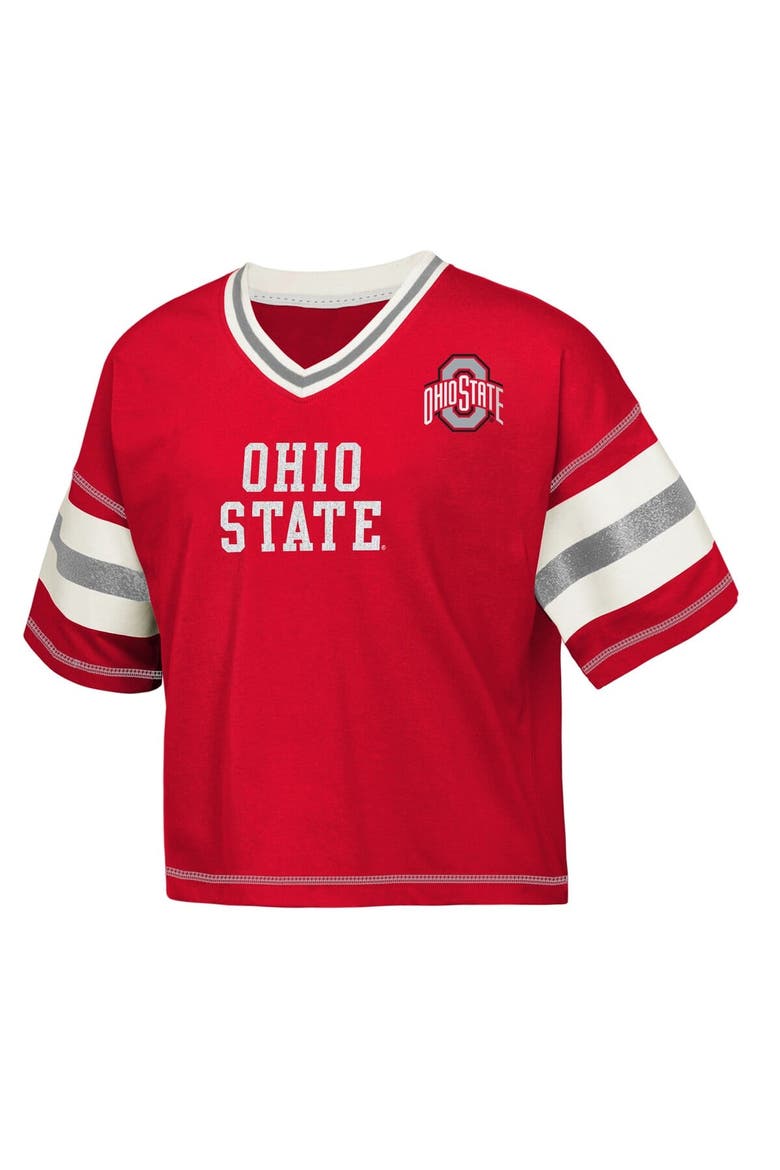 Girls Youth Outerstuff Scarlet Ohio State Buckeyes Gridiron Jersey V-Neck T-Shirt, Alternate, color, Scarlet