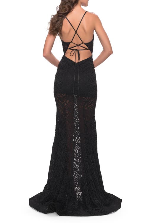 La Femme Romper Lace Dress With Sheer Skirt And Lace Up Back