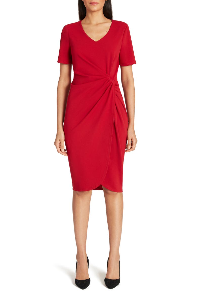 Tahari Asymmetrical Knot Sheath Dress, Main, color, Garnet Red