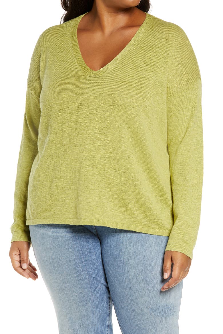 V-Neck Boxy Organic Cotton & Linen Sweater, Main, color, FIELD