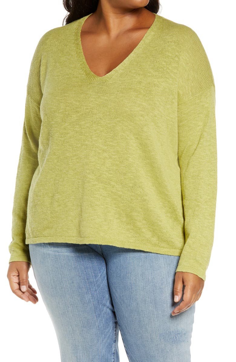 Eileen Fisher V-Neck Boxy Organic Cotton & Linen Sweater, Main, color,