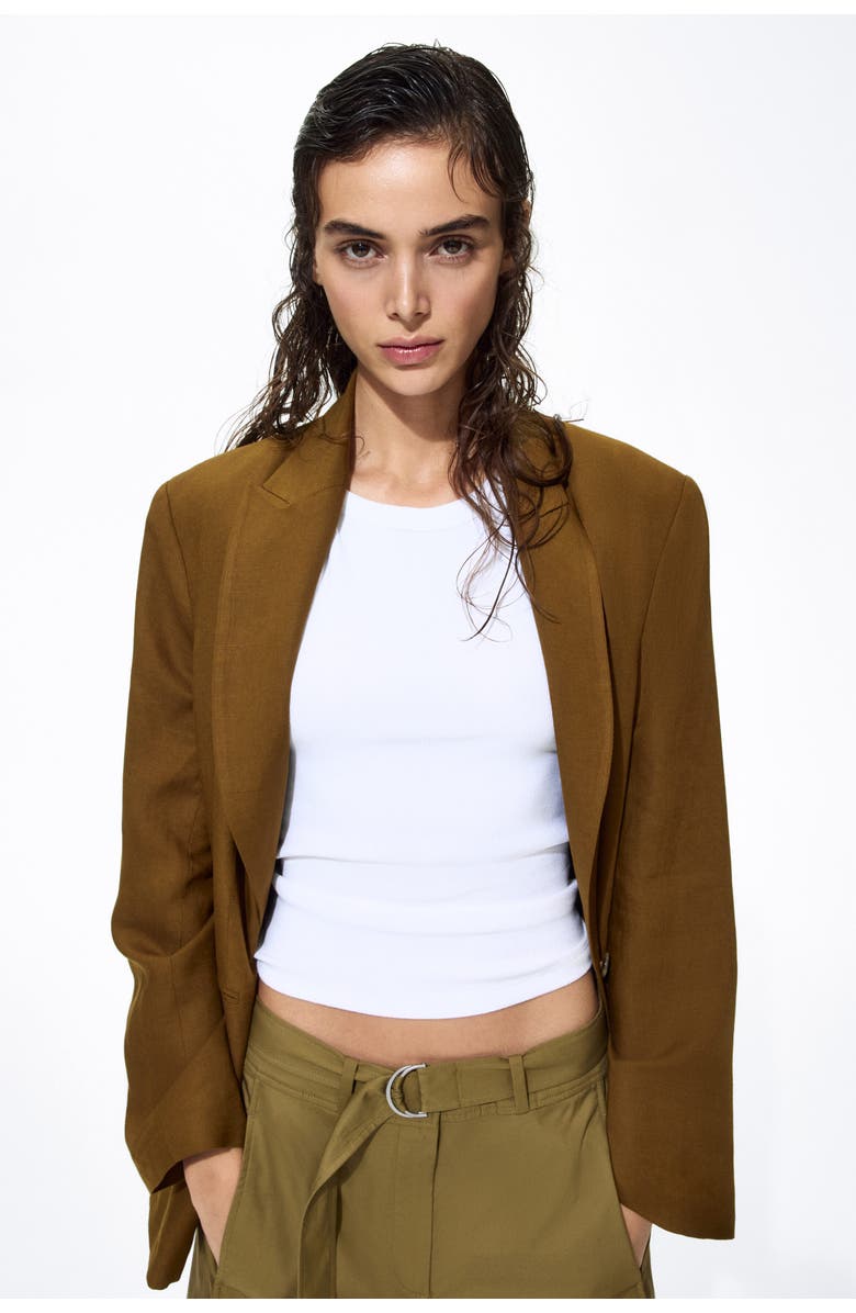 H&M Linen-blend Blazer, Alternate, color, Dark Khaki Green