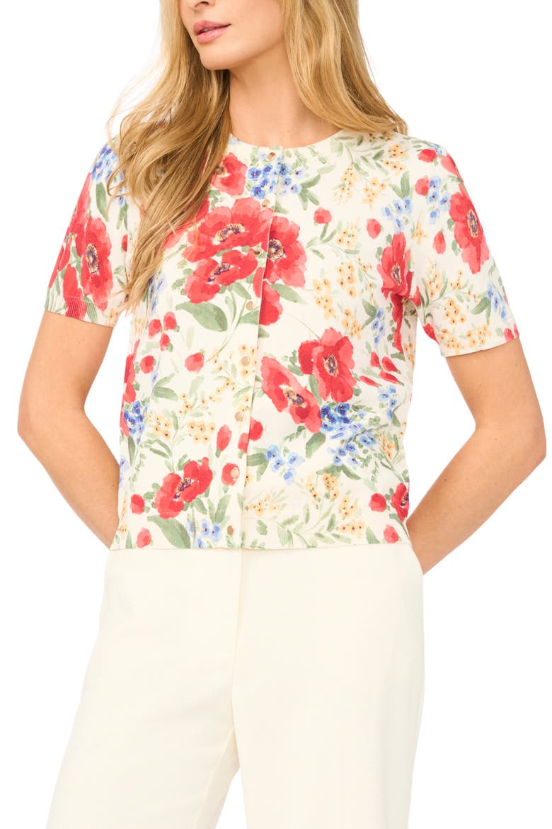 Reanna Floral Short Sleeve Cardigan, Alternate, color, NEW IVORY
