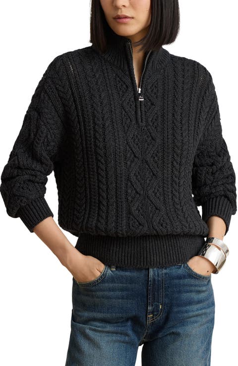 Deklyn Cable Knit Quarter Zip Cotton Sweater