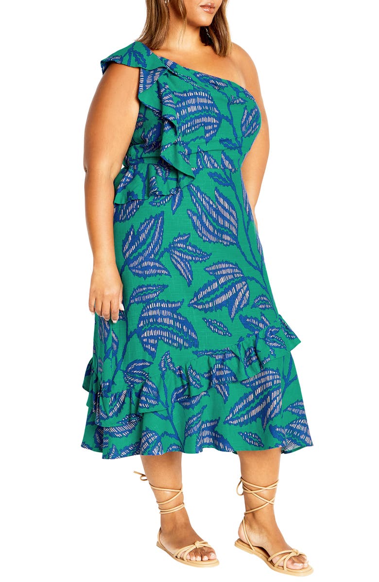 City Chic Escapism Ruffle One-Shoulder Midi Dress, Alternate, color, 