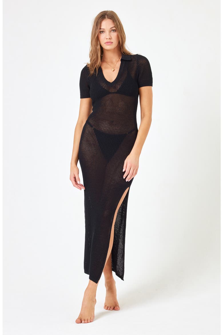 Sydney Open Stitch Cover-Up Dress, Alternate, color, BLACK