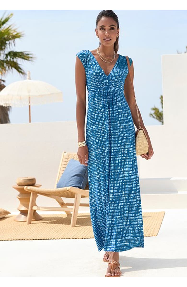 LASCANA Women's Print V-Neck Maxi Dress, Alternate, color, Blue-Printed