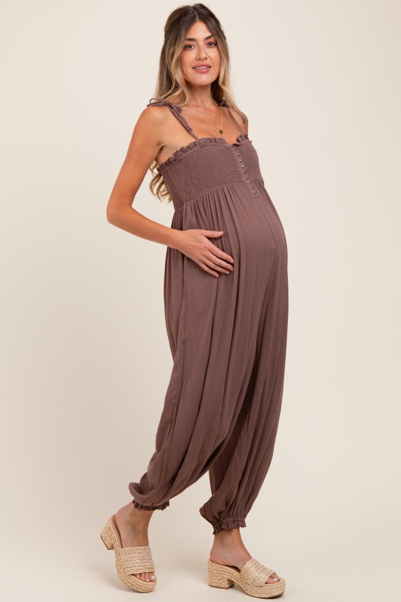 Smocked Button Front Shoulder Tie Jumpsuit, Alternate, color, Mocha