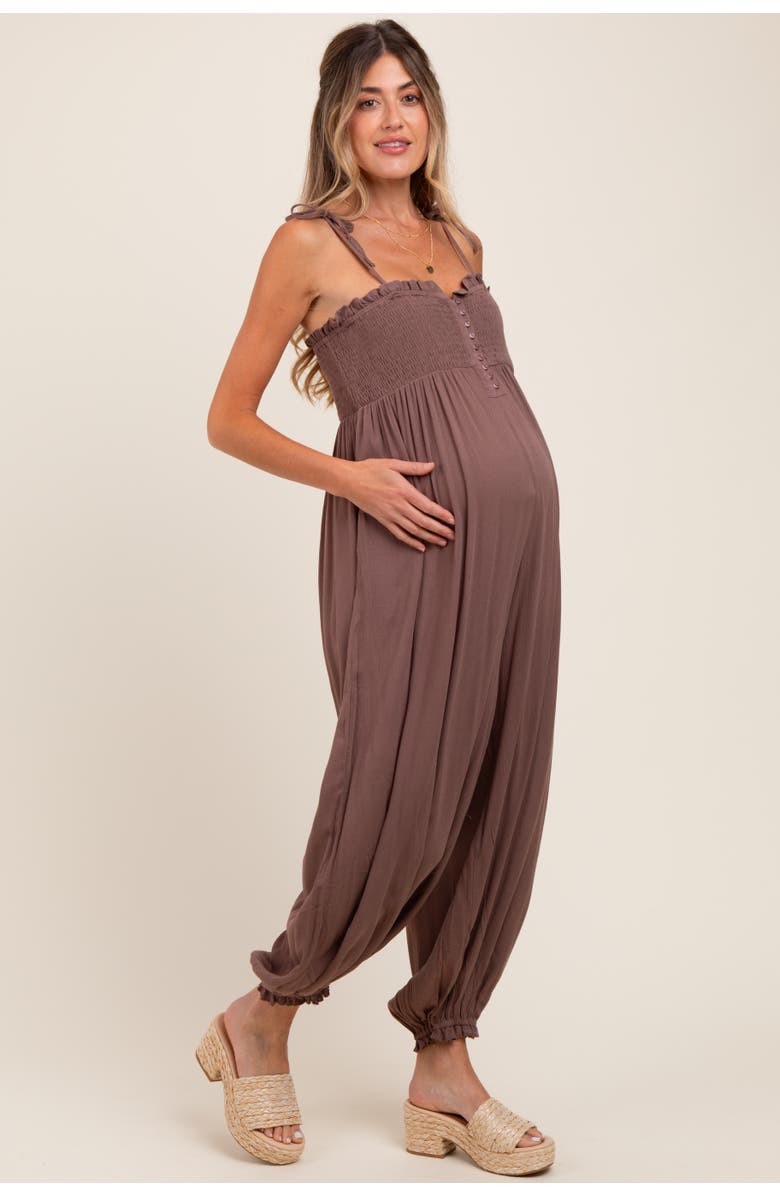 PinkBlush Smocked Button Front Shoulder Tie Jumpsuit, Alternate, color, Mocha