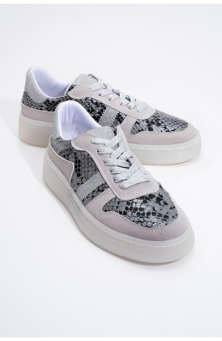 Prologue Shoes Rexie Glitter Sneakers, Main, color, Silver Print Faux Leather